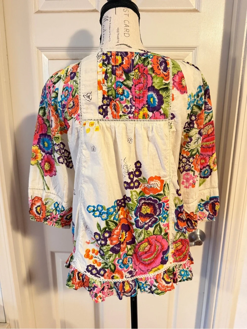 Anthropologie Cream Peasant Blouse with Bright Floral Print